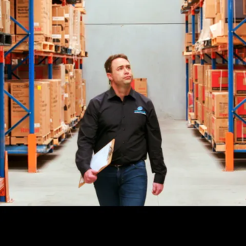 Man holding clipboard and wearing work shirt and jeans walking through warehouse of containers