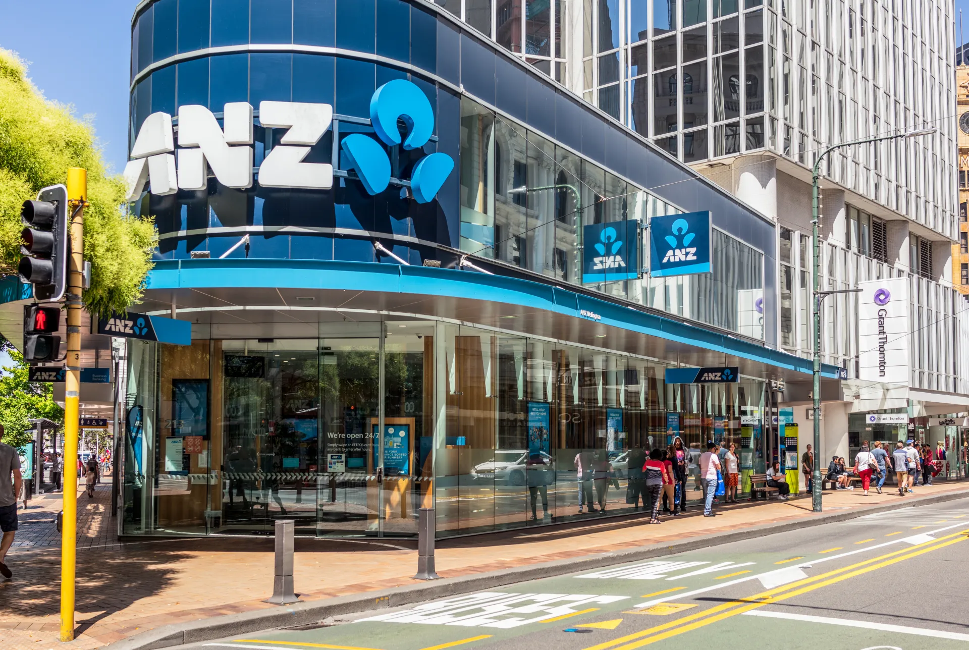 bank ANZ branch frontage banking building city commercial building mixed-use outdoor road scene sky street case study industry partners apprentices employers rms anz