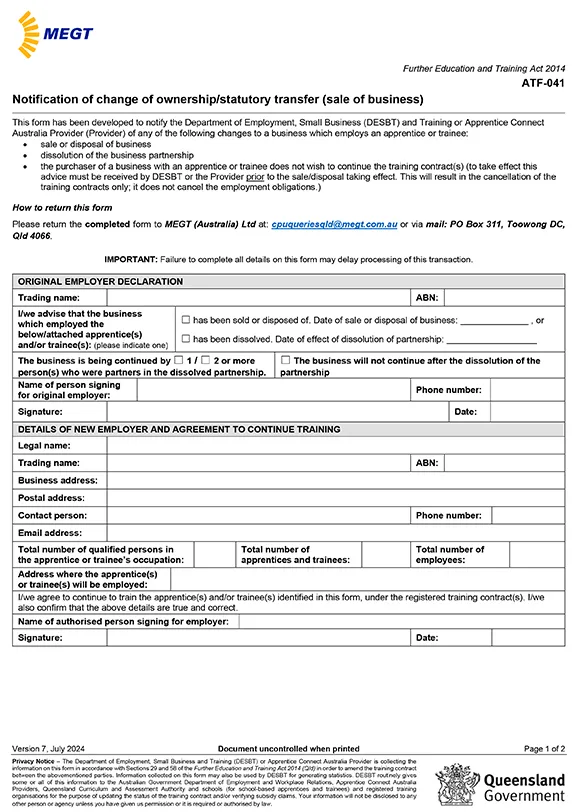 Notification of change of ownership/statutory transfer - Download PDF