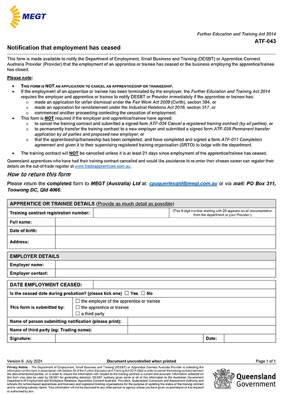 Notification that employment has ceased- Download PDF