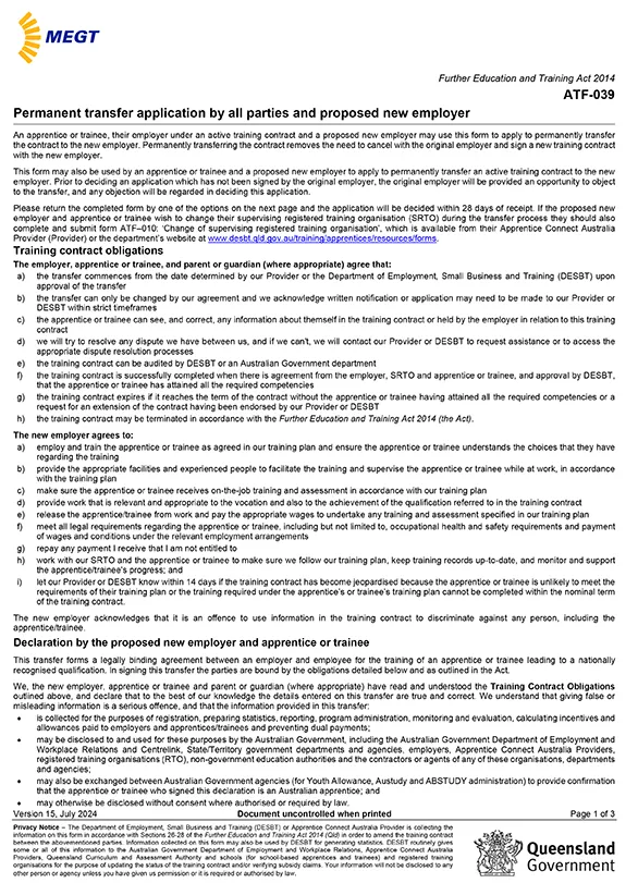 Permanent transfer application by all parties and proposed new employer- Download PDF